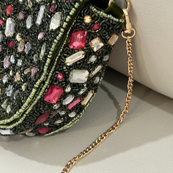 Beaded Jeweled Large Srones Dark Green Crossbody Bag From India to You NWT - Picture 5 of 6